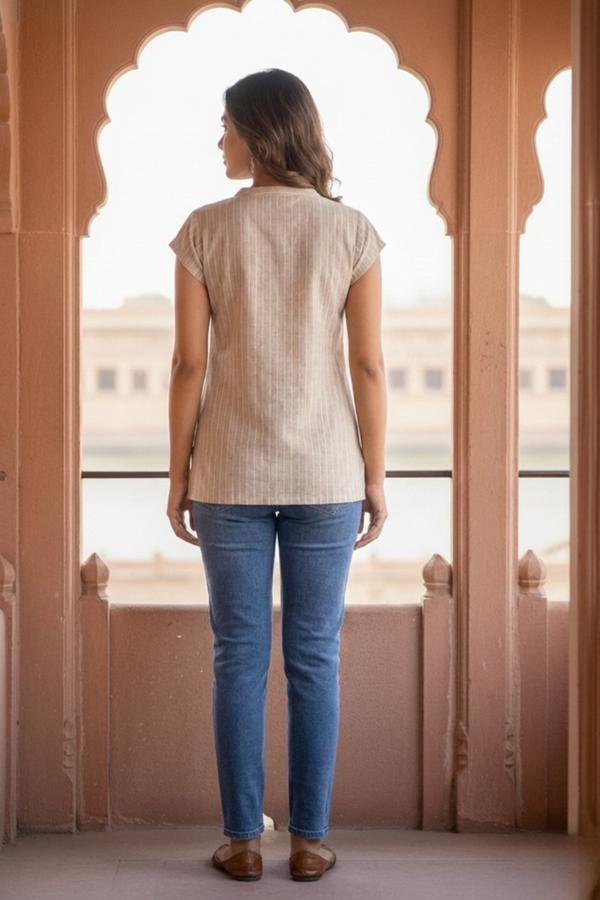 Biege Striped Linen-Cotton Top
