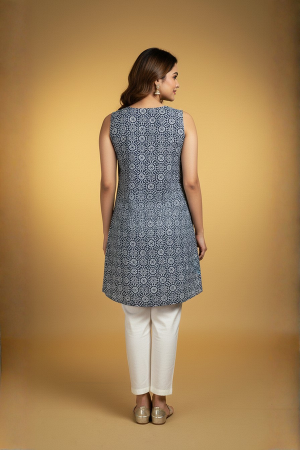 Royal Blue Geometric Print Sleeveless Kurti