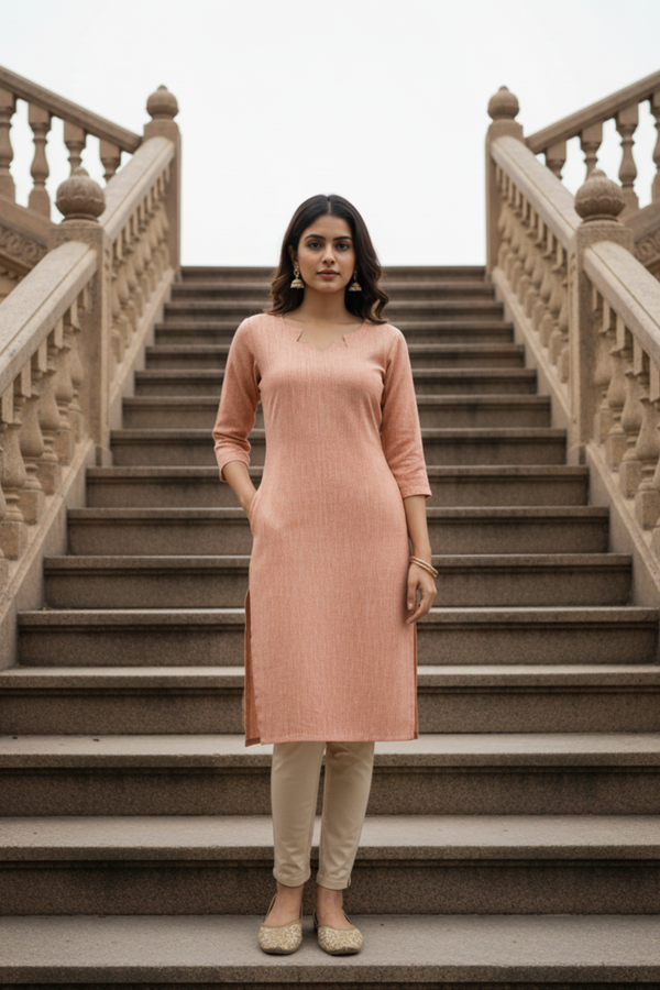 Peach Linen Straight Kurti